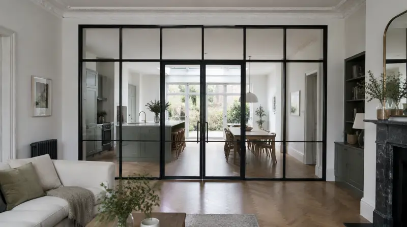 Black steel internal glazed screen with double doors between a kitchen and living room in a Victorian house