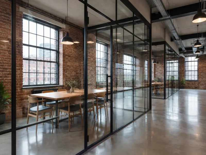 Glazed steel office partitions in a converted warehouse