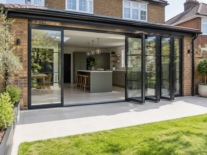 Steel bifold doors in a UK home